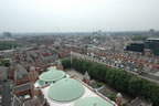 The roof of the cathedral and a remaining brick neighborhood.