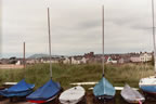 The boats all lined up with the town of Elie in the background.